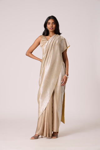 Navya Saree - Champagne Satin & Micropleated Silver Ash