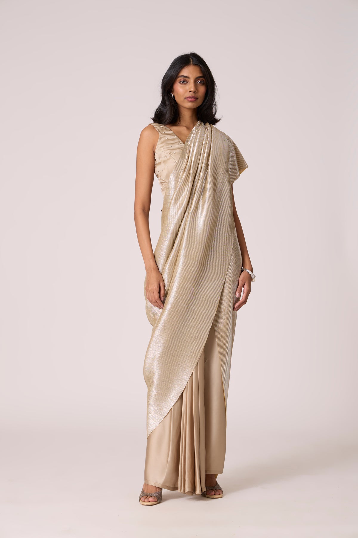 Navya Saree - Champagne Satin & Micropleated Silver Ash