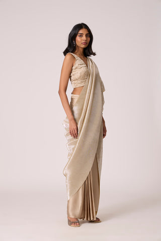 Navya Saree - Champagne Satin & Micropleated Silver Ash