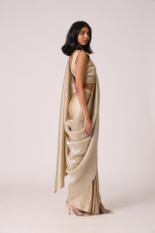 Navya Saree - Champagne Satin & Micropleated Silver Ash