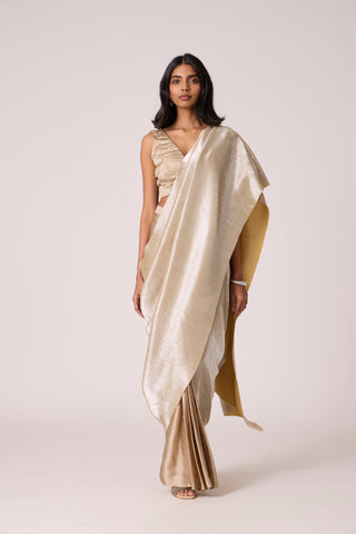 Navya Saree - Champagne Satin & Micropleated Silver Ash