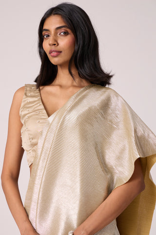 Navya Saree - Champagne Satin & Micropleated Silver Ash