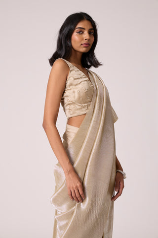 Navya Saree - Champagne Satin & Micropleated Silver Ash