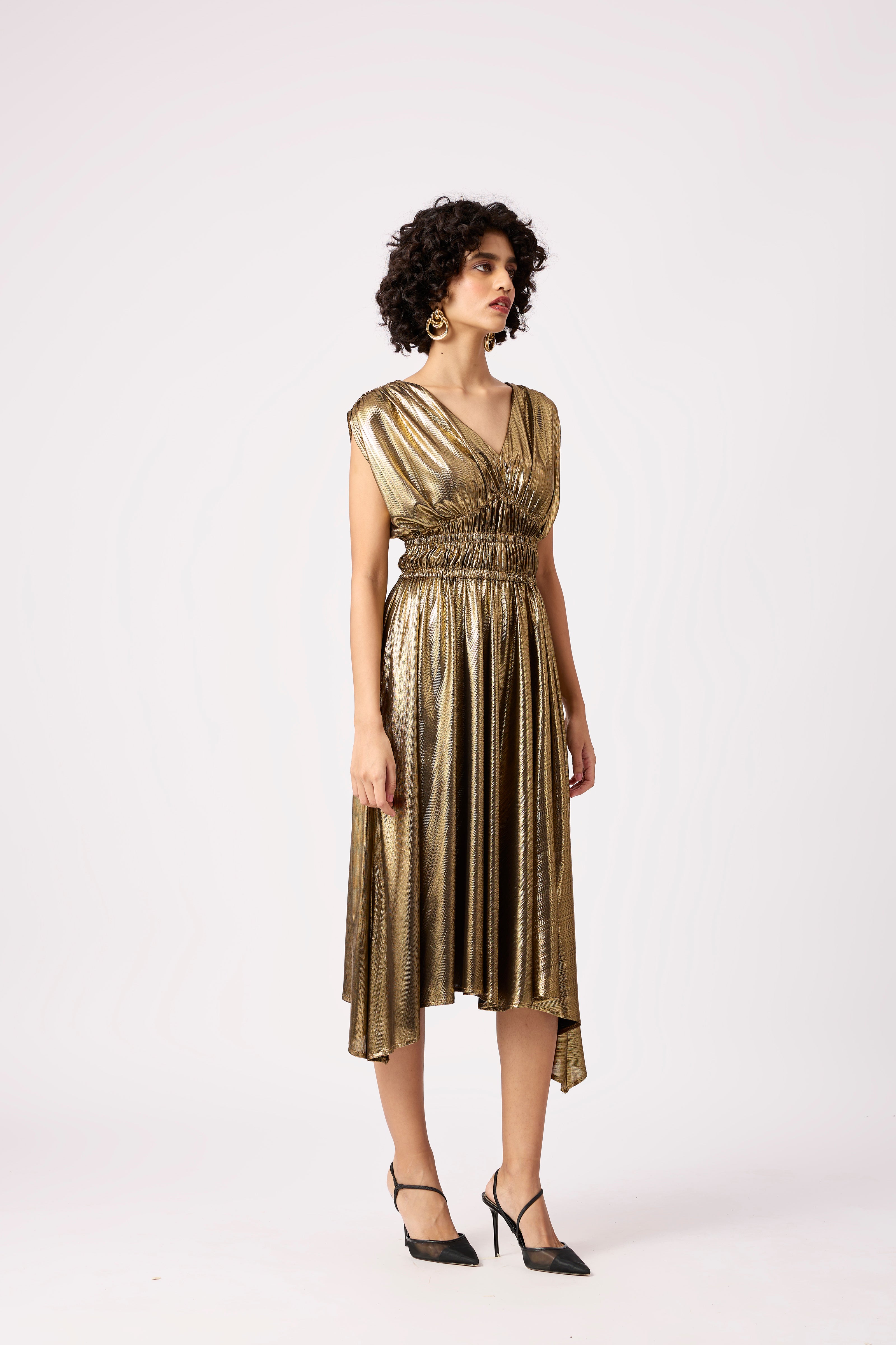 Zeina Rouched Dress - Metallic Black Gold