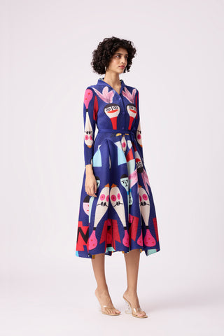 Peplum Printed Shirt Dress - Blue