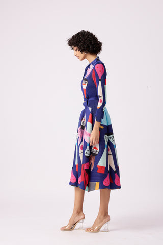 Peplum Printed Shirt Dress - Blue