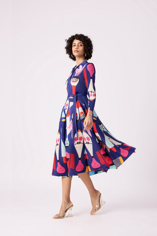 Peplum Printed Shirt Dress - Blue