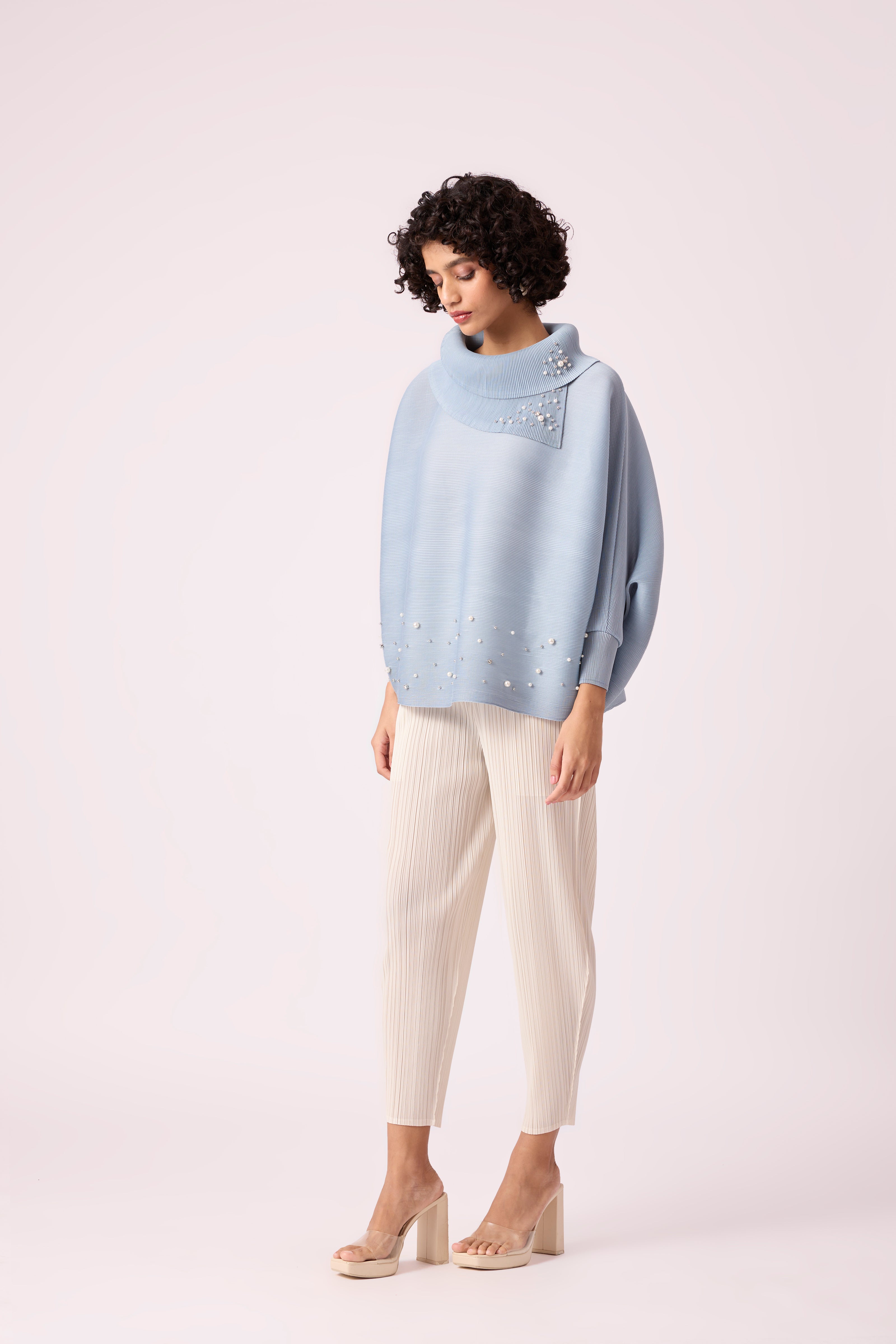 Sloane Pearled Batwing Top - Light Blue