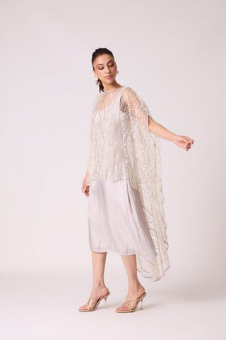 Leah Embroidered Cape Midi Dress - Grey Ivory