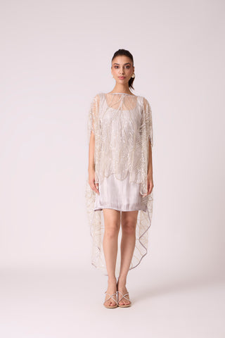 Leah Embroidered Cape Mini Dress - Grey Ivory