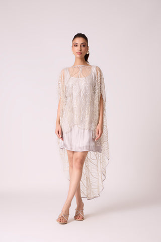 Leah Embroidered Cape Mini Dress - Grey Ivory