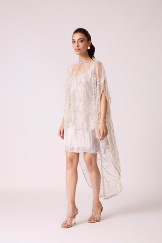 Leah Embroidered Cape Mini Dress - Grey Ivory