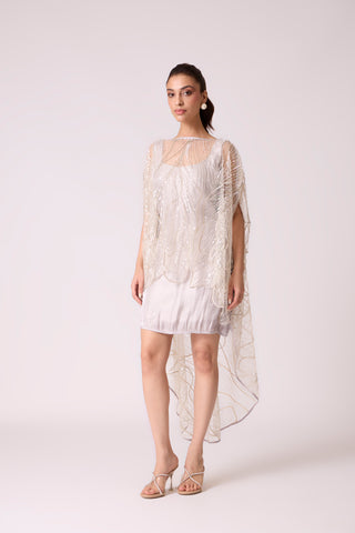 Leah Embroidered Cape Mini Dress - Grey Ivory
