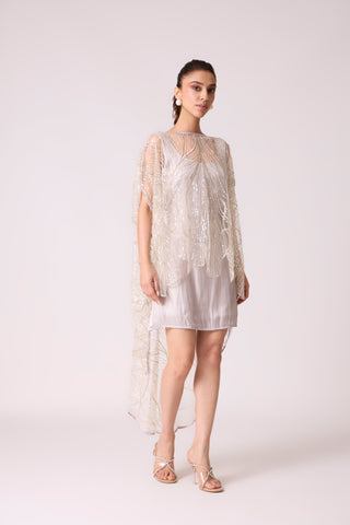 Leah Embroidered Cape Mini Dress - Grey Ivory