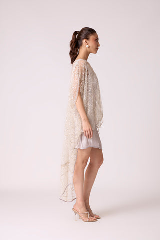 Leah Embroidered Cape Mini Dress - Grey Ivory