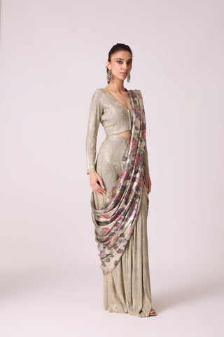 Annika Saree - Metallic Mint & Beige