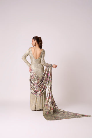 Annika Saree - Metallic Mint & Beige