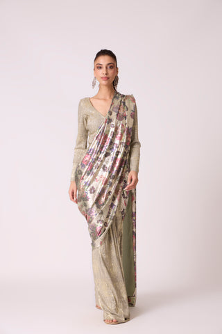 Annika Saree - Metallic Mint & Beige