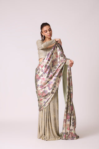 Annika Saree - Metallic Mint & Beige