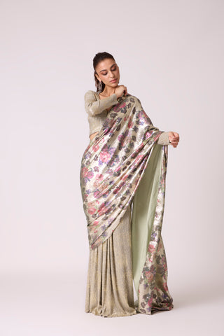 Annika Saree - Metallic Mint & Beige