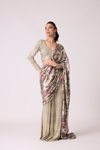 Annika Saree - Metallic Mint & Beige