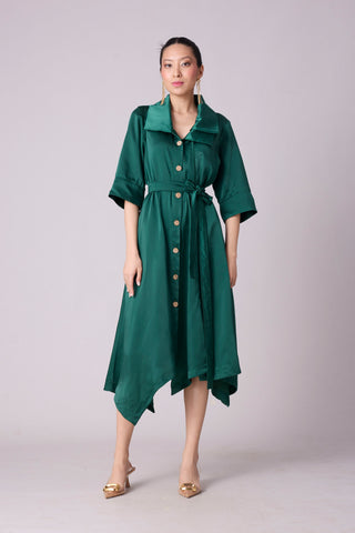 Aspen Satin Shirt Dress - Emerald Green