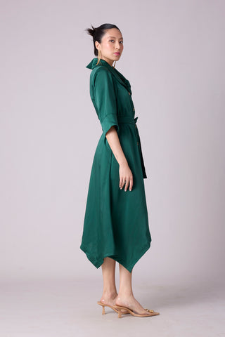 Aspen Satin Shirt Dress - Emerald Green