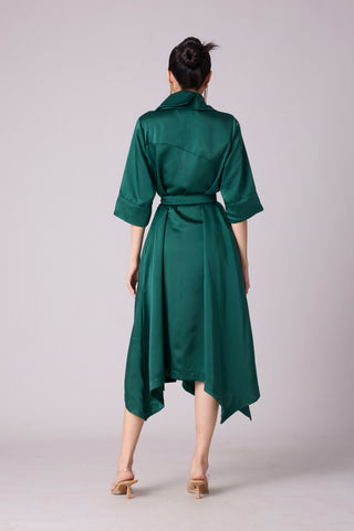 Aspen Satin Shirt Dress - Emerald Green