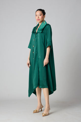 Aspen Satin Shirt Dress - Emerald Green