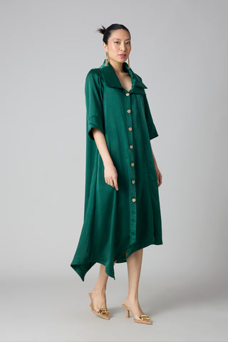 Aspen Satin Shirt Dress - Emerald Green