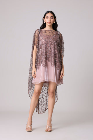 Leah Embroidered Cape Mini Dress - Rose Ash & Burnt Mauve