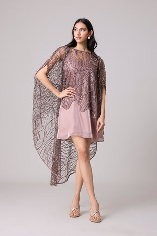 Leah Embroidered Cape Mini Dress - Rose Ash & Burnt Mauve