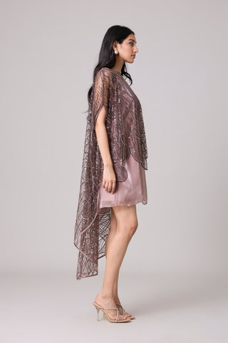 Leah Embroidered Cape Mini Dress - Rose Ash & Burnt Mauve