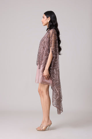 Leah Embroidered Cape Mini Dress - Rose Ash & Burnt Mauve