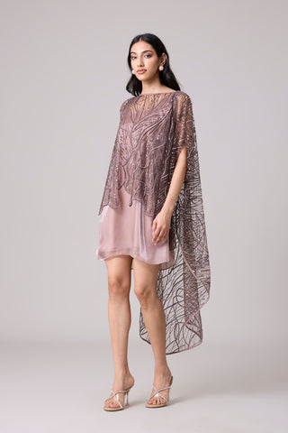 Leah Embroidered Cape Mini Dress - Rose Ash & Burnt Mauve