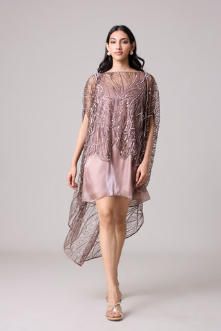 Leah Embroidered Cape Mini Dress - Rose Ash & Burnt Mauve