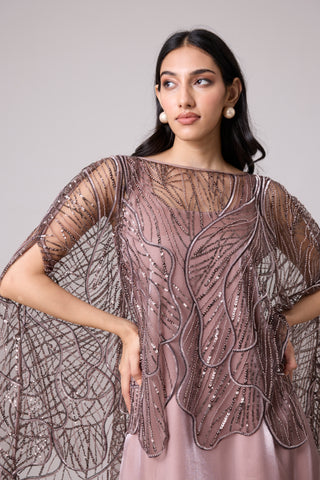 Leah Embroidered Cape Mini Dress - Rose Ash & Burnt Mauve