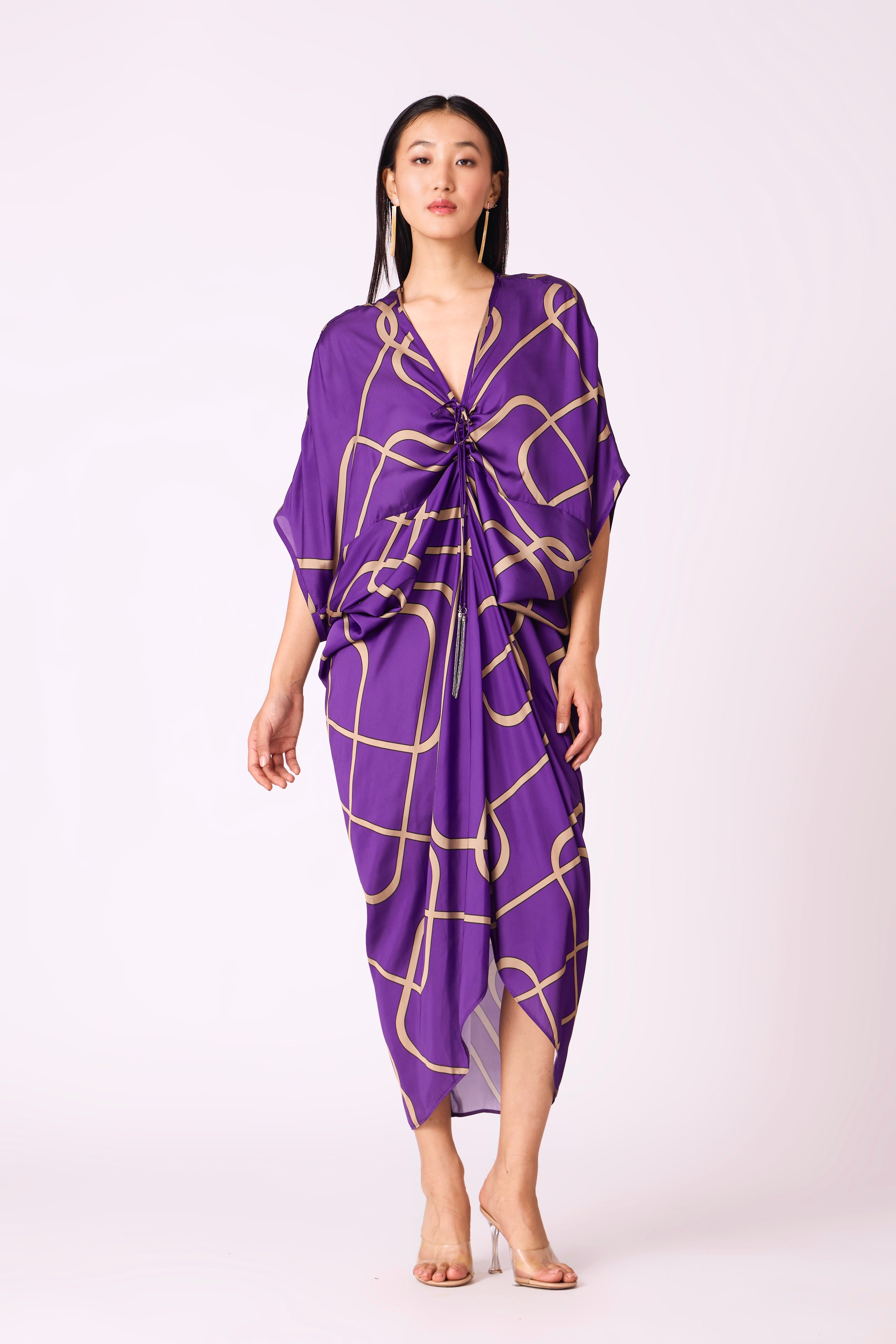 Aika Satin Print Dress - Purple & Taupe