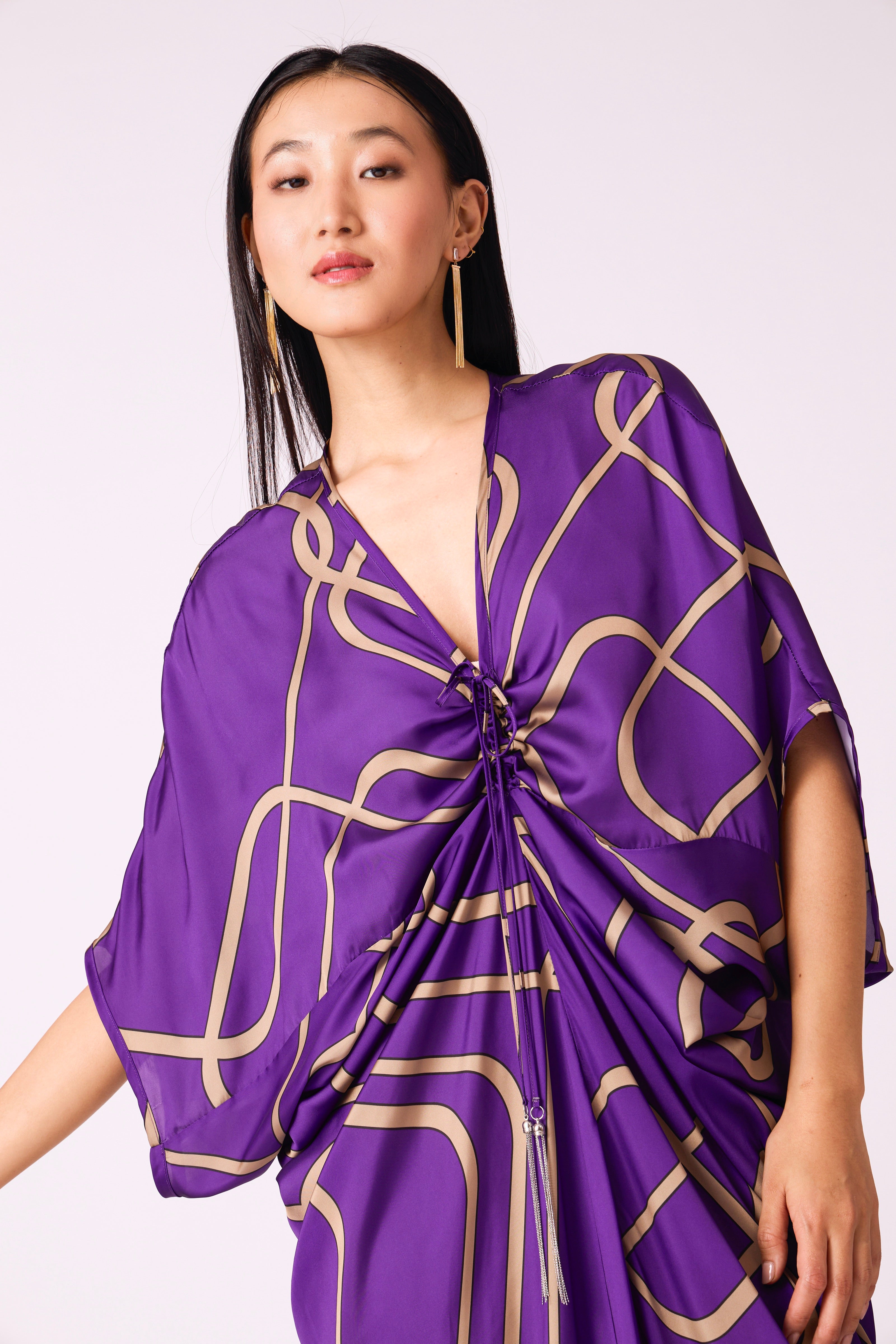 Aika Satin Print Dress - Purple & Taupe