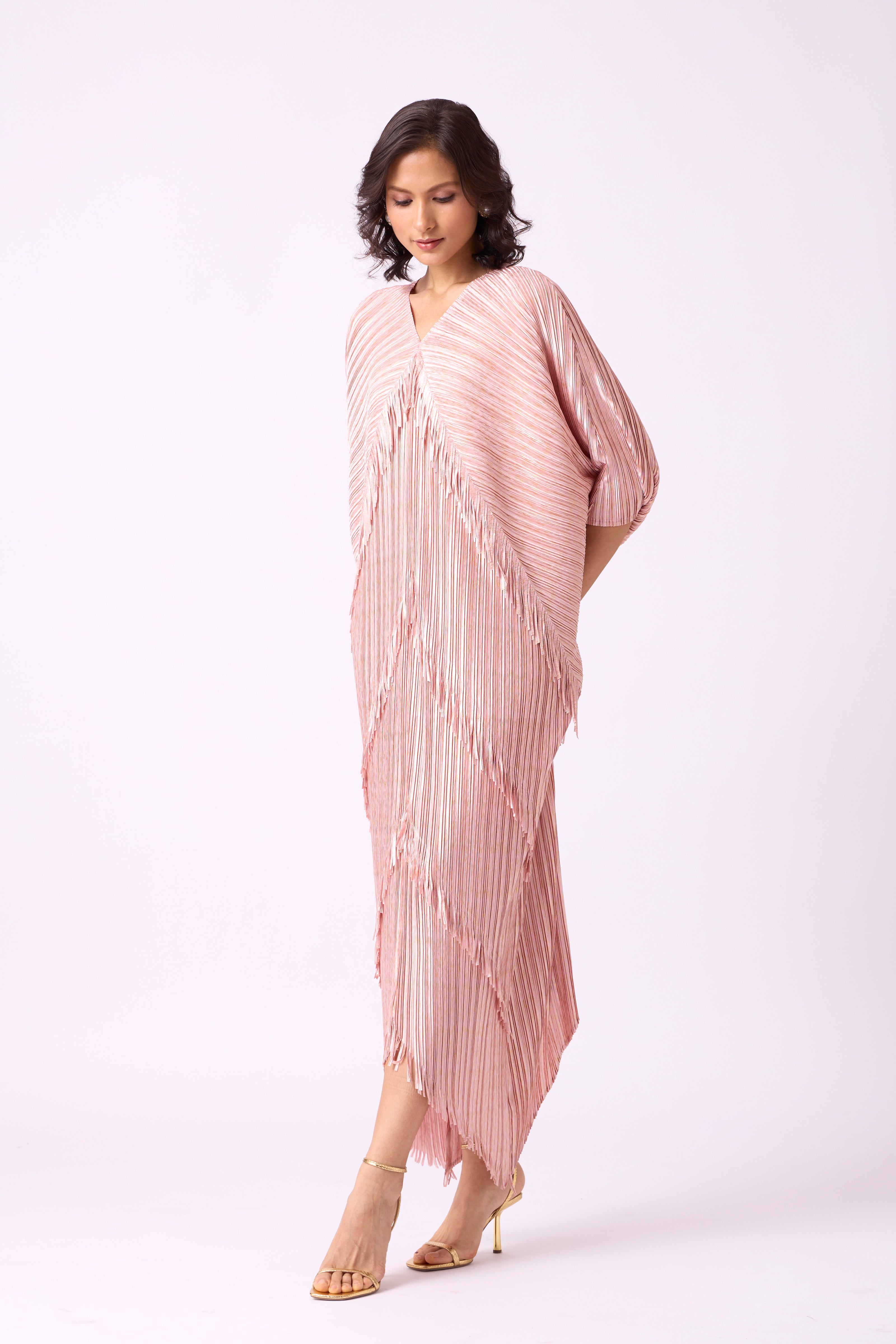 Kimono Fringe Dress - Metallic Pink