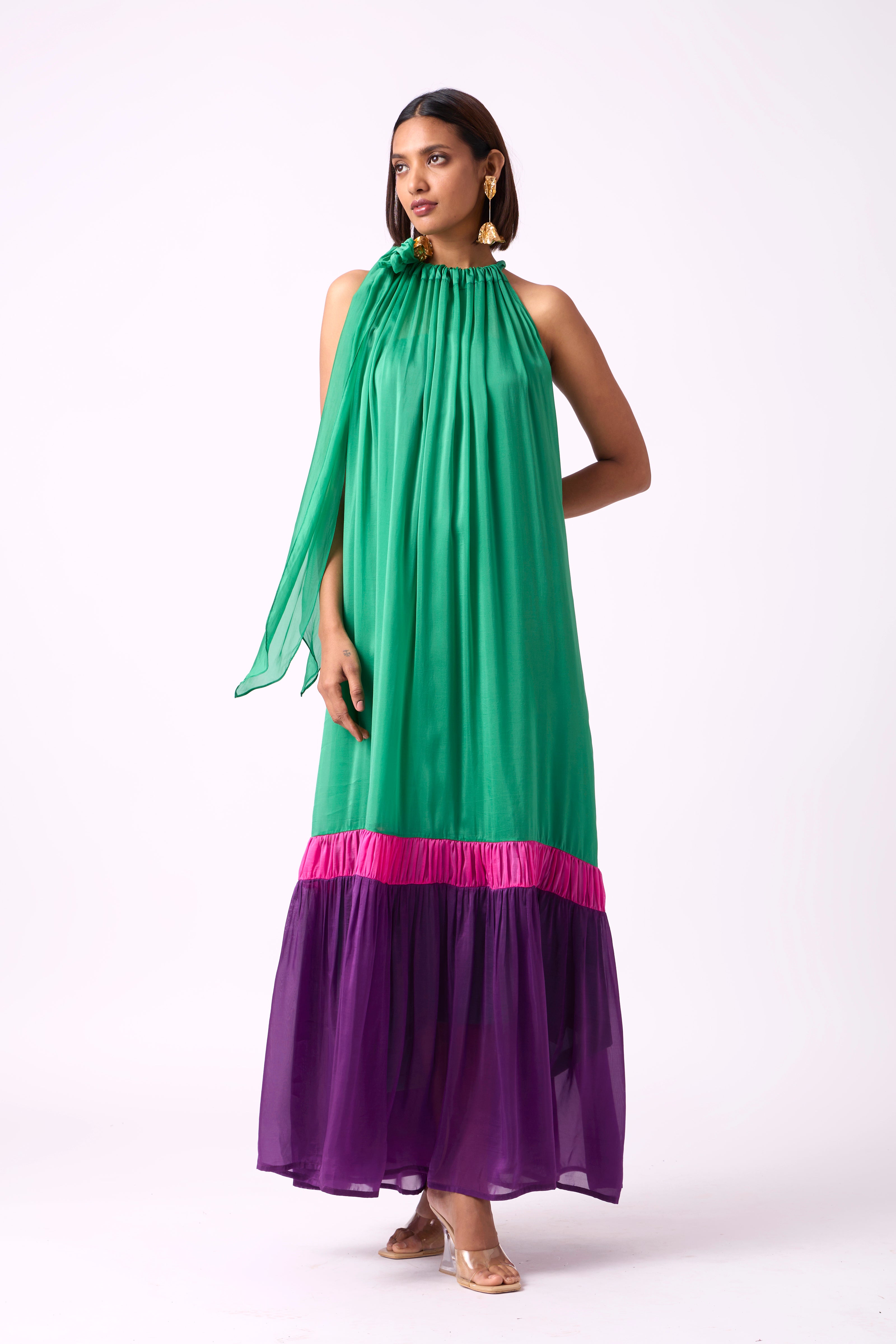 Victoria Organza Dress - Bright Green + Azalea Pink + Purple