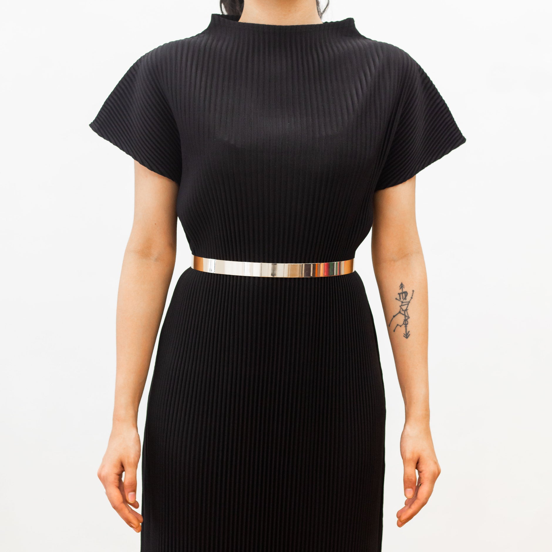 1 sleeve black dress Black Recycled Spandex Shell Belt Long Sleeve Dress