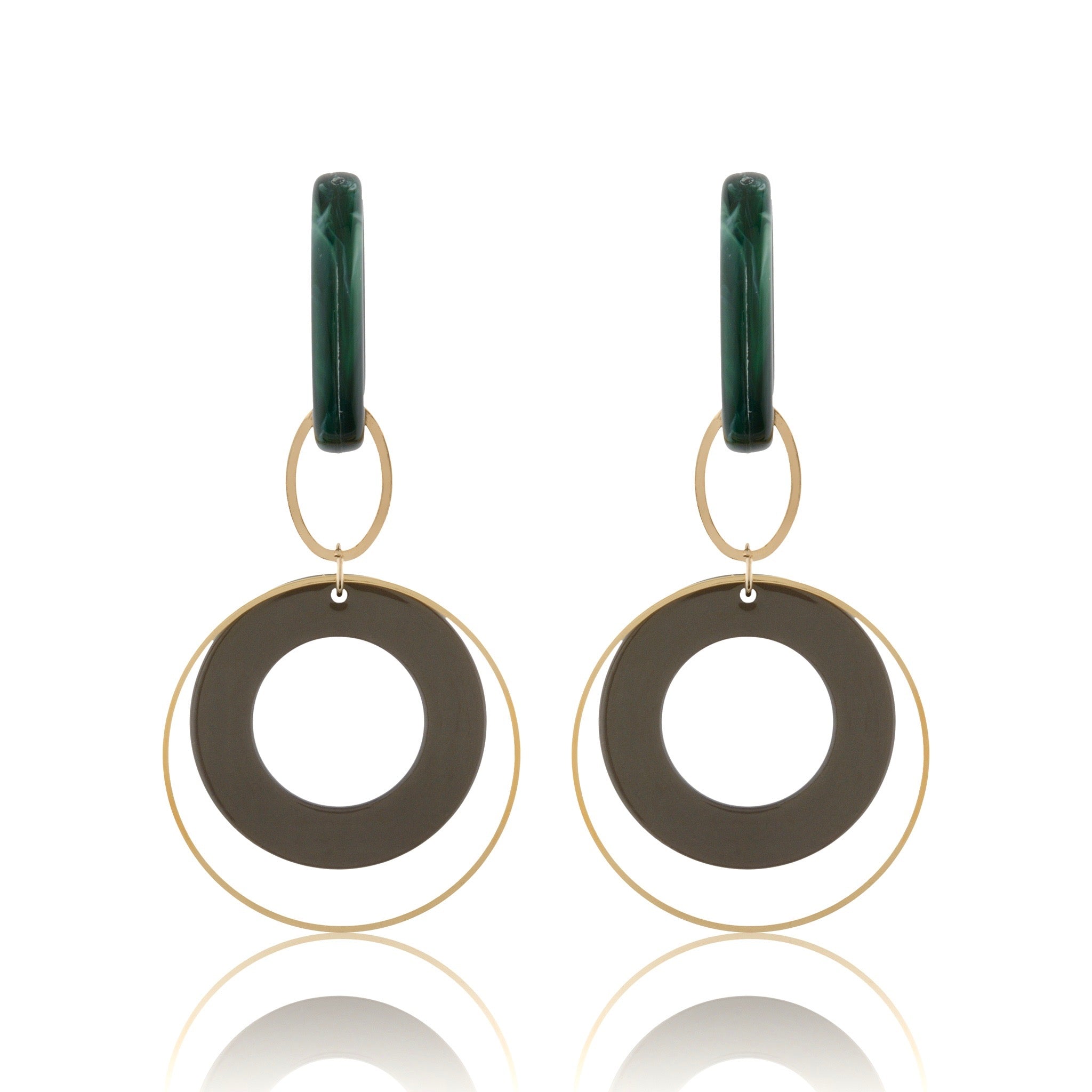 Green, Gold & Dark Grey Long Loop Ring Earrings