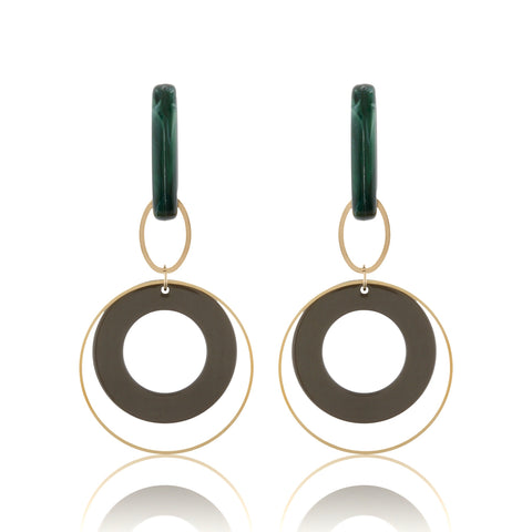Green, Gold & Dark Grey Long Loop Ring Earrings