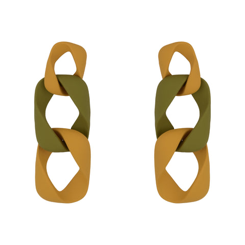 Rectangular Matte Chain Link Earrings - Green & Mustard