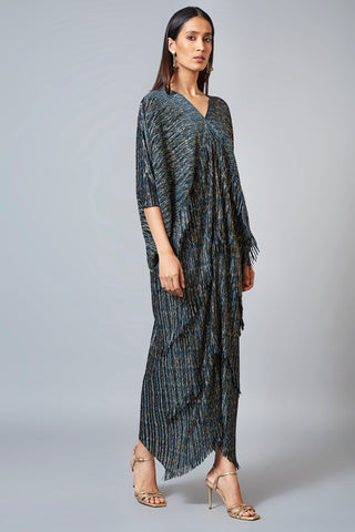 Kimono Fringe Dress - Metallic Teal