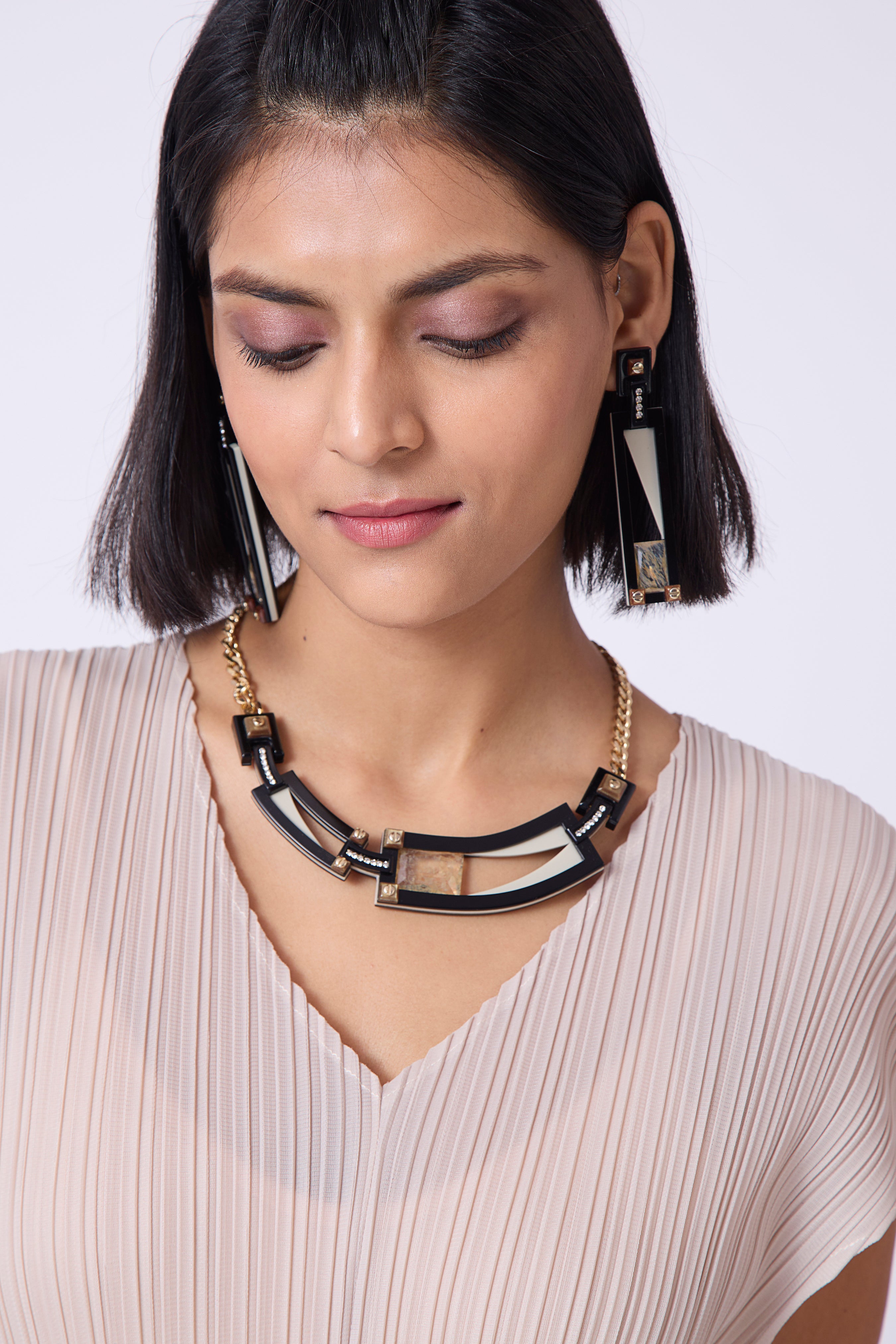 Art Deco Geometry Necklace - Champagne, Clay & Black