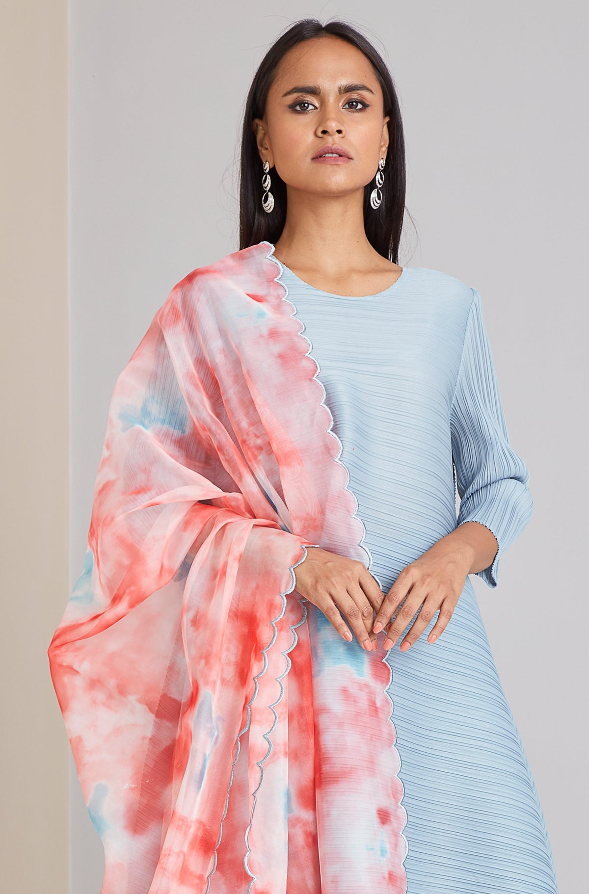 Printed Organza - Red & Sky