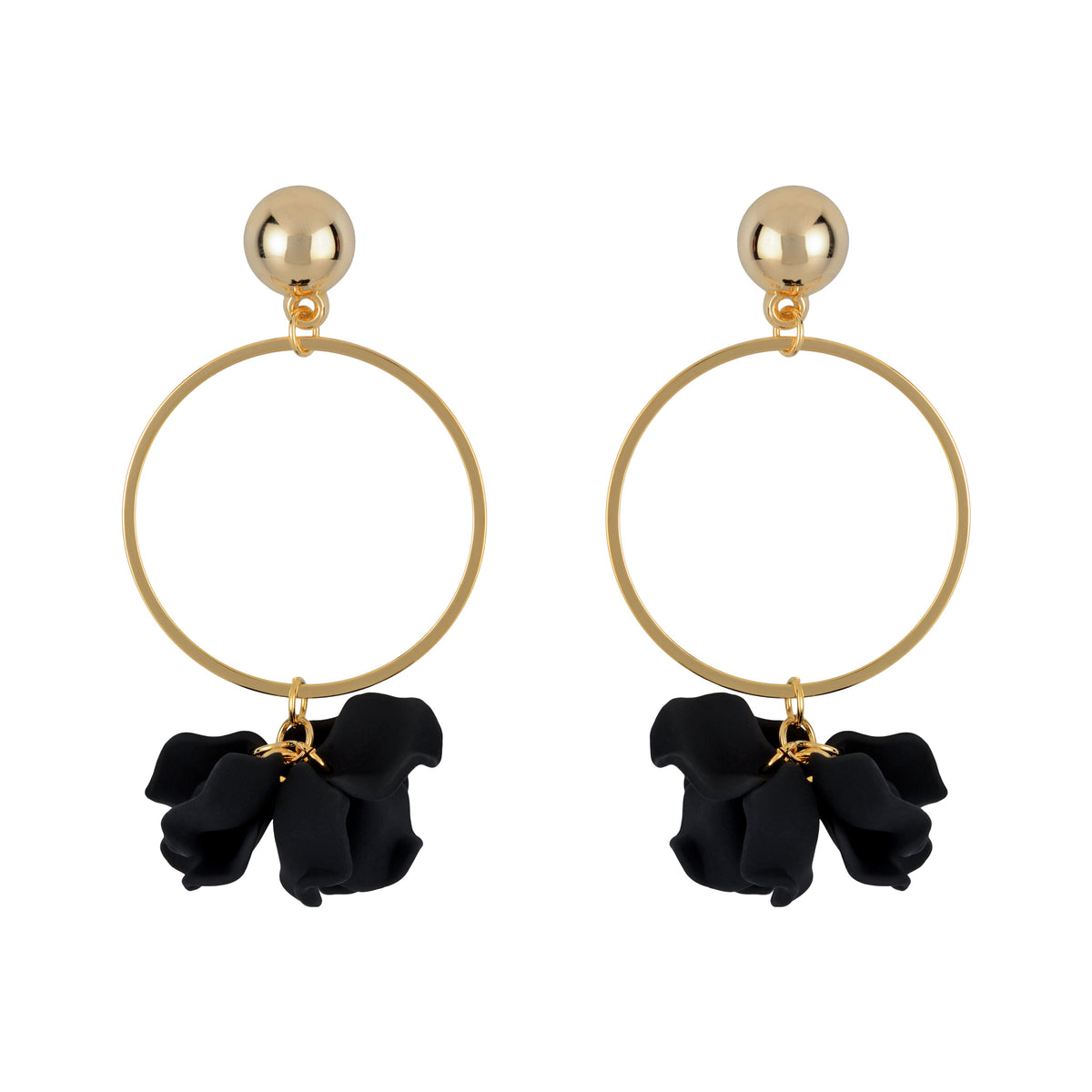 Suspended Gold Ring Petal Earrings - Black