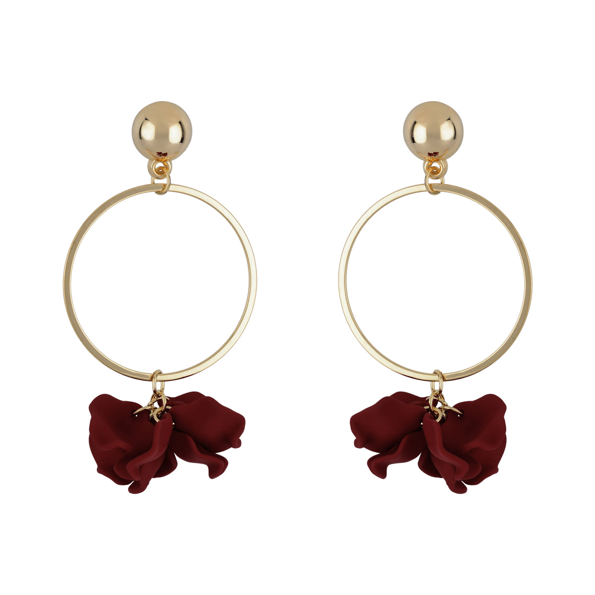 Suspended Gold Ring Petal Earrings - Red Maroon